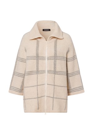 Beige vest met ritssluiting en een kraag, met grijze geruite patronen, driekwartmouwen en een zachte, gestructureerde stof.