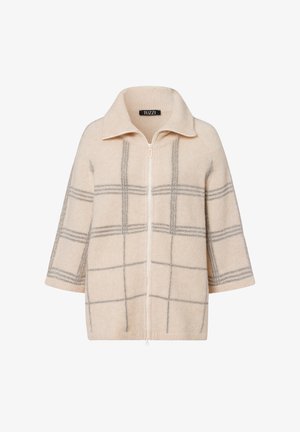 Beige zip-up cardigan with a collared neckline, featuring gray checkered patterns, three-quarter sleeves, and a soft, textured fabric.