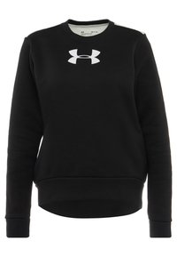 Sudadera negra hecha de material suave con cuello redondo, mangas largas y un logo blanco de Under Armour en el pecho. Puños y dobladillo de canalé.