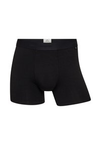 Sorte boxershorts lavet af stof med en glat tekstur. Har en bred elastik med præget brandnavn og en formet pung.