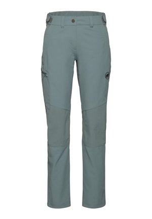 Lyseblå-grå udendørs vandrebukser med justerbare talje-stropper, lynlåslomme på siden og forstærkede knæpaneler.