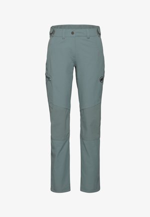 Lyseblå-grå udendørs vandrebukser med justerbare talje-stropper, lynlåslomme på siden og forstærkede knæpaneler.