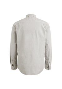 Camisa de manga larga en algodón gris claro, con cuello puntiagudo, puños abotonados y dobladillo curvo. Textura suave con detalles mínimos.