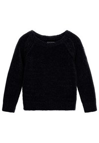 Schwarzer, strukturierter Pullover mit einem runden Halsausschnitt, langen Raglanärmeln und gerippten Bündchen und Saum. Verfügt über ein Logopatch am Ärmel.