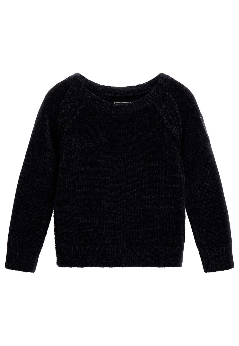 Schwarzer, strukturierter Pullover mit einem runden Halsausschnitt, langen Raglanärmeln und gerippten Bündchen und Saum. Verfügt über ein Logopatch am Ärmel.