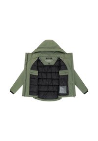 Groene hoodiejas met een ritssluiting. Het interieur heeft een zwart gewatteerde voering, meerdere zakken en labeldetails. Zachte textuur.