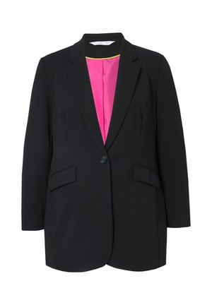Czarny blazer z pojedynczym zapięciem na guzik, dwoma przednimi kieszeniami oraz kontrastowym różowym i żółtym wykończeniem w gładkim materiale. Dopasowany krój.