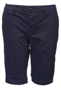 Navy blue cotton shorts with a button closure, featuring a front pocket, rolled cuffs, and a flat front design.