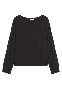 Schwarzes Longsleeve-Oberteil aus weichem Material. Verfügt über einen runden Halsausschnitt, einen elastischen Saum und eine Raffung an den Ärmeln. Schlichtes Design.