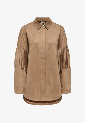 Tan faux-suede shirt jacket with a collar, front button closure, and long sleeves featuring fringe detailing on the cuffs.