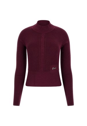 Mørk burgunder ribstrikket langærmet sweater med skrå hals og diamantmønster på forsiden, med en lille metallic "Guess"-logo.