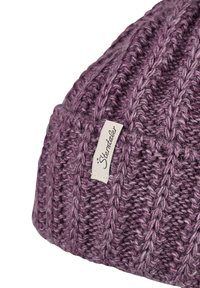 Purple knitted beanie with vertical cable pattern and a small fabric label sewn on the side.
