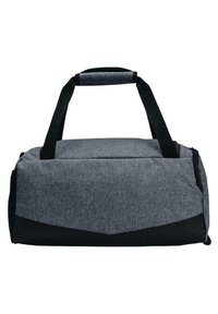 Grå og sort duffel taske med struktureret stof, lynlåslukning, polstrede håndtag og et rummeligt hovedrum.