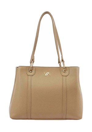 Bolso tote de cuero beige con doble correa para el hombro y pequeño logo dorado centrado en la parte frontal, forma rectangular estructurada.