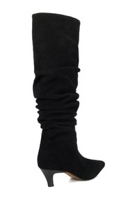 Black suede knee-high boot, slouch design, pointed toe, tapered heel, smooth texture, no visible hardware or patterns.