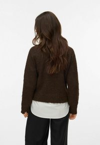 Pull en peluche marron à manches longues, avec un ourlet côtelé, superposé sur une chemise claire, porté avec un pantalon noir. Apparence texturée et confortable.