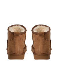 Hnědé nubukové kotníkové boty s měkkou kožešinovou podšívkou, zaoblenou špičkou, plochou podrážkou a poutkem na zadní straně. Obsahují prošité detaily po straně.
