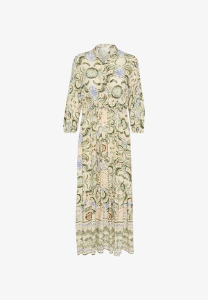 Robe longue à imprimé floral avec une base crème ornée de motifs verts, bleus et orange, un col et une taille à nouer.