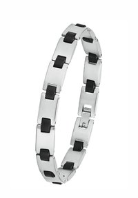 Pulsera de metal con eslabones alternados de plata pulida y negro mate. Presenta formas rectangulares y un diseño conectado para mayor flexibilidad.