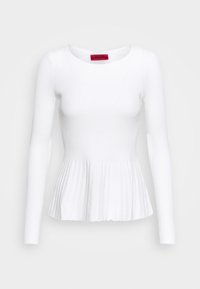 Weißes Langarmoberteil mit gerippter Textur, tailliertem Oberteil und ausgestellt peplum Saum. Verfügt über einen runden Halsausschnitt und ein Hugo-Label auf der Innenseite.