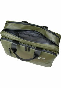 Olive green duffel bag made of durable, textured material with black zippers and handles; features an interior pocket and spacious main compartment.