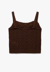 Ruskea neulottu crop-top, jossa on sahalaitamainen kuvio, ohuiden olkaimien ja tekstuuripinnan lisäksi.