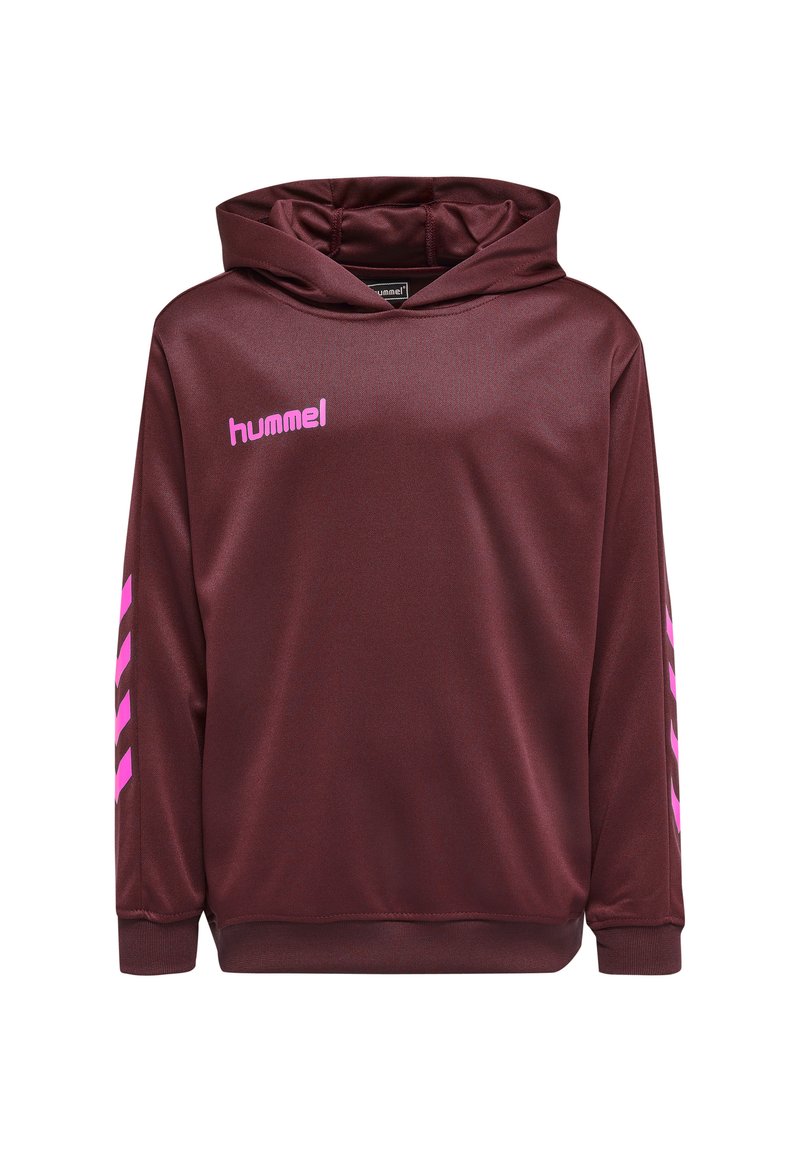 Maroon hoodie i slät tyg, med en frontficka, justerbar dragsko i huva och rosa diagonala ränder på ärmarna.