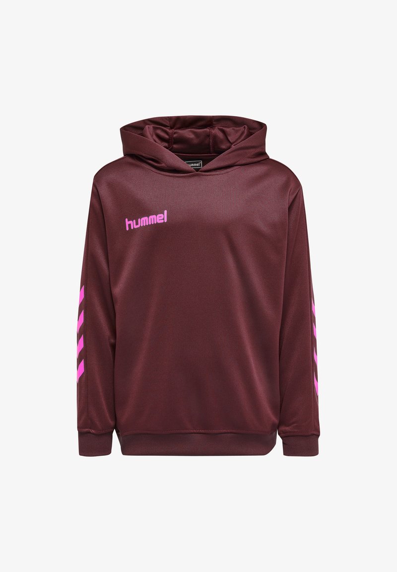 Maroon hoodie i slät tyg, med en frontficka, justerbar dragsko i huva och rosa diagonala ränder på ärmarna.
