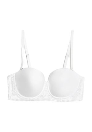 Reggiseno bianco in pizzo con coppe sagomate, spalline regolabili e un elastico testurizzato con dettagli in pizzo intricati lungo i lati.