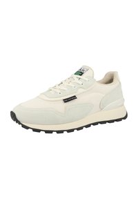 Beżowe i jasnoszare sneakersy z teksturowaną cholewką, z zamszowymi akcentami i czarną gumową podeszwą. Posiadają płaskie sznurówki i metkę marki.