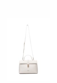 Borsa a tracolla in pelle bianca con una forma strutturata, una maniglia superiore e una tracolla staccabile. Presenta un pattino anteriore e dettagli in hardware dorato.