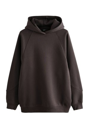 Haut à capuche marron foncé en tissu doux et texturé. Il dispose d'une large poche à l'avant, d'une grande capuche et de poignets et d'un ourlet côtelés.
