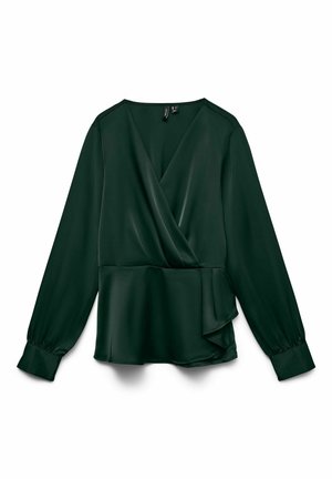 Blouse enveloppante à manches longues de couleur vert foncé en tissu lisse avec un ourlet peplum et des poignets légèrement rassemblés. Comprend un décolleté en V et un drapé sur le côté.