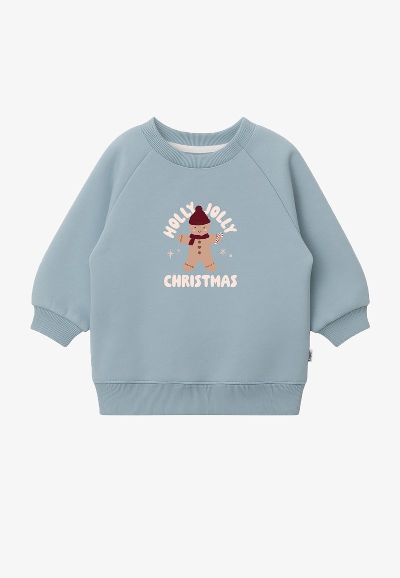 Light blue crewneck sweatshirt made of soft fabric. Features a printed gingerbread character with "Holly Jolly Christmas" text in pastel colors.