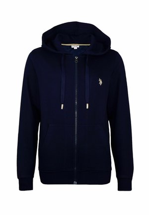 Veste à capuche zippée bleu marine avec une poche kangourou, un capuchon réglable avec cordon, et un logo brodé sur la poitrine ; tissu doux et coupe décontractée.