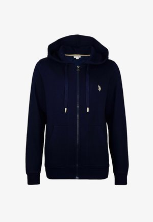 Marineblauwe hoodie met rits, voorzien van een kangoeroezak, verstelbare trekkoordkap en geborduurd logo op de borst; zachte stof en een relaxte pasvorm.
