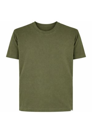 T-shirt in cotone tinta unita verde oliva a maniche corte con scollo rotondo e orlo dritto, esposta su sfondo bianco.