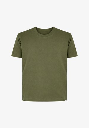 T-shirt in cotone tinta unita verde oliva a maniche corte con scollo rotondo e orlo dritto, esposta su sfondo bianco.