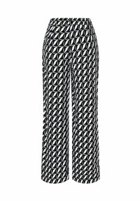 Pantalons à motifs noir et blanc avec un design géométrique, présentant une coupe large et une taille élastique pour plus de confort.