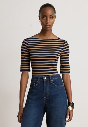Lauren Ralph Lauren, STRIPED STRETCH COTTON BOATNECK TEE - Camiseta estampada - navy/ camel