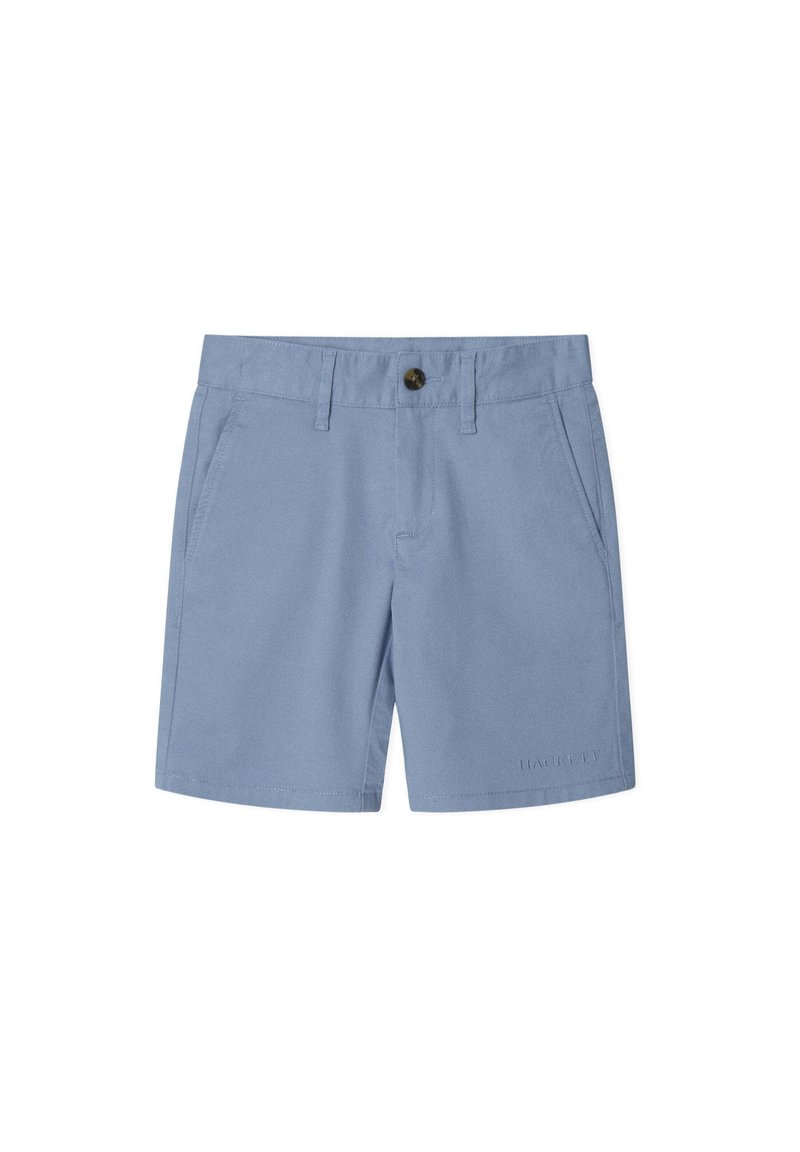Shorts azzurri chiari in tessuto, con chiusura anteriore a bottone, due tasche laterali e logo del marchio ricamato in basso a sinistra.