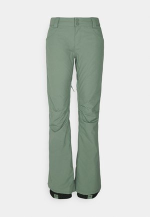 Pantalons de neige verts avec une coupe droite, fermeture à bouton, poches latérales et ourlets renforcés avec un accent noir.