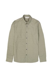 Langsleeve knoopshirt in olijfgroen met een gestructureerd zigzagpatroon, voorzien van een klassieke kraag en donkere knopen.