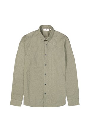 Chemise à manches longues, à boutons, en vert olive avec un motif zigzag texturé, dotée d'un col classique et de boutons foncés.