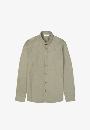 Chemise à manches longues, à boutons, en vert olive avec un motif zigzag texturé, dotée d'un col classique et de boutons foncés.