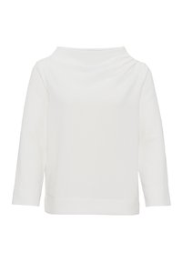 Top bianco con collo alto, maniche a tre quarti, tessuto testurizzato e dettaglio drappeggiato nella parte posteriore.