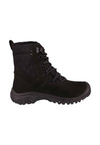 Sorte ankelstøvler med en polstret tekstiloverdel, snørelukning og robust gummisål med et tekstureret mønster for bedre greb.