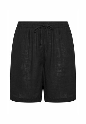 Mustat pellavashortsit, joissa on joustava vyötärönauha ja kiristysnaru, väljällä istuvuudella ja polvenpituudella.