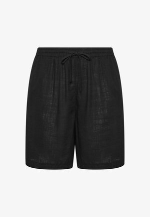 Schwarze Leinen-Shorts mit elastischem Bund und Kordelzug, mit lockerem Schnitt und knielanger Passform.