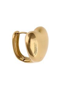 Zlatý prsten ve tvaru srdce s hladkým, lesklým povrchem a závěsem pro snadné nošení. Jednoduchý, ale výrazný design zdůrazňuje jeho tvar.